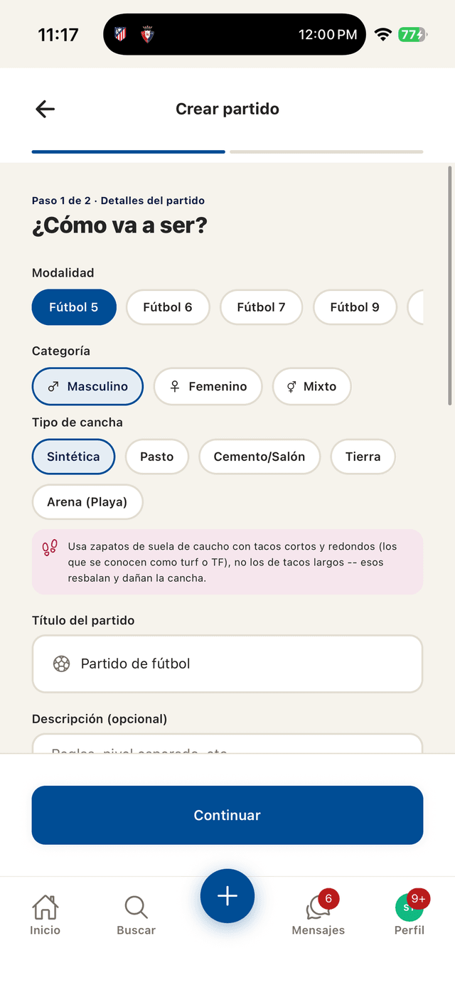 Pantalla de creación de partido en PlayR