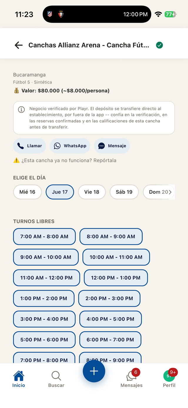Turnos libres para reservar una cancha en PlayR