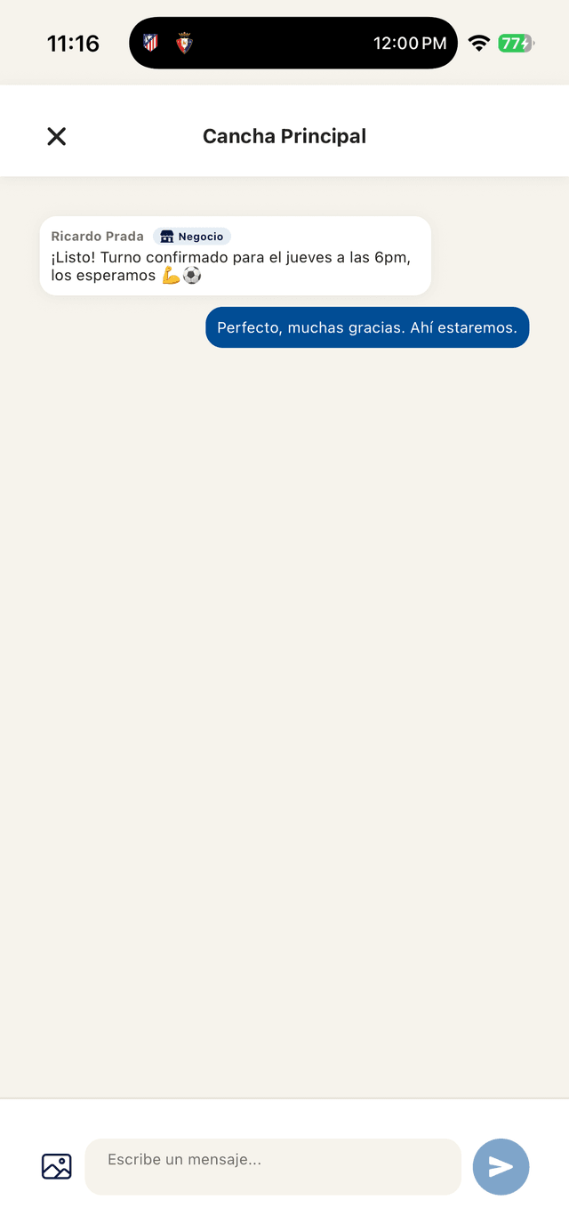 Chat de reserva con un negocio en PlayR