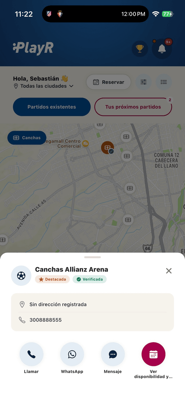 Mapa de canchas destacadas y verificadas en PlayR