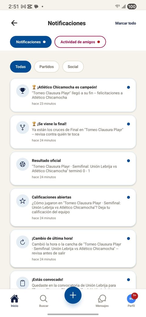 Notificaciones de un jugador: campeón, nueva ronda, resultado, calificaciones y convocatoria