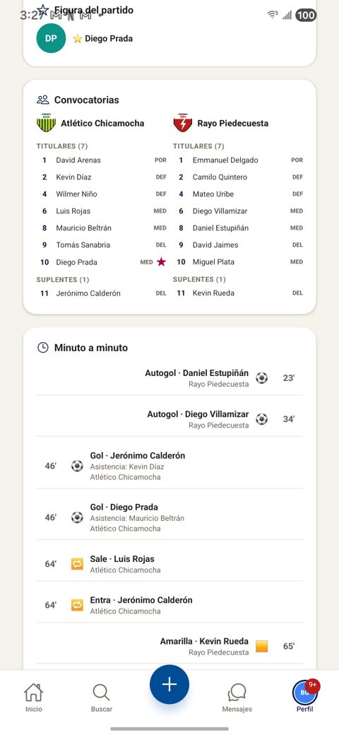 Convocatorias de los dos equipos con titulares y suplentes, dorsal y posición de cada jugador