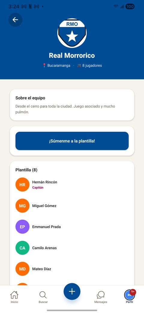 Página de un equipo con escudo, descripción y plantilla con el capitán marcado