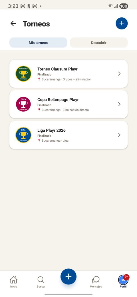 Lista de torneos con escudo, nombre, estado y formato de cada uno