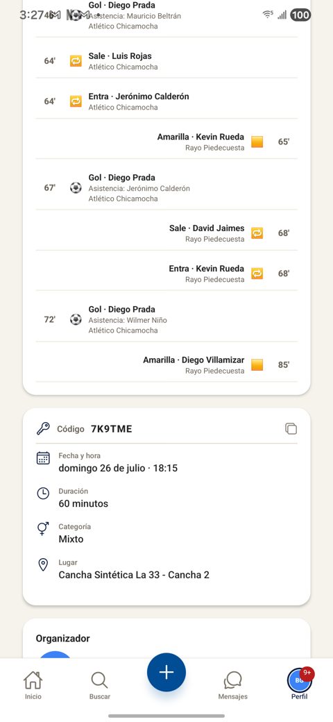 Línea de tiempo del partido con goles, asistencias, amarillas y cambios, cada uno con su minuto