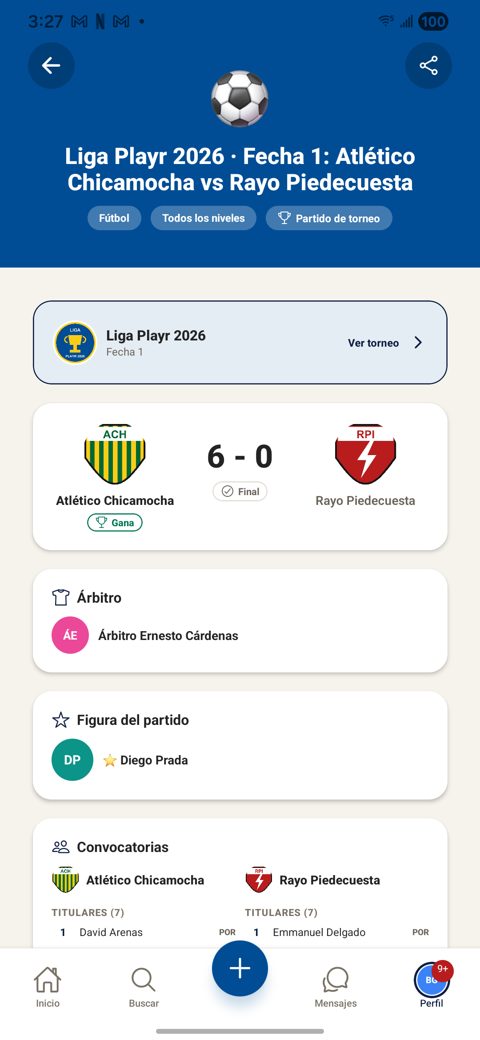 Detalle del partido: marcador 6-0 con escudos, árbitro asignado y figura del partido
