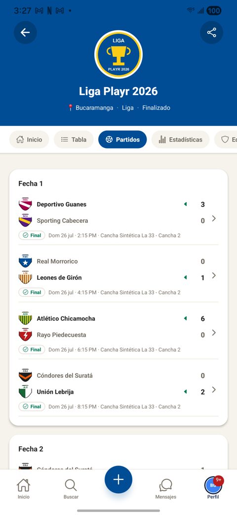 Pestaña Partidos con la fecha 1: cuatro partidos con marcador, estado Final, fecha y cancha